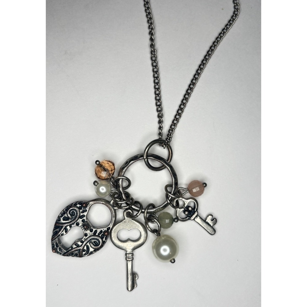 Vintage Charm Necklace Heart Lock & Keys 28" Silver Tone